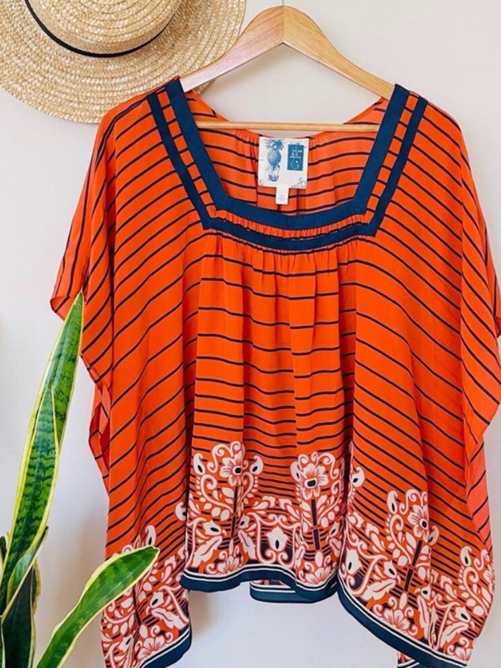 Anthropologie Edme & Esyllte Orange Silk Striped Kaftan Tunic Blouse